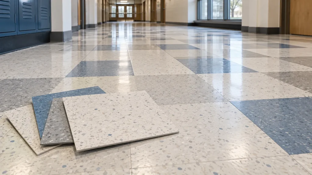 Vinyl composition tile VCT flooring with speckled square tiles in a commercial hallway, with loose VCT tiles shown in the foreground.