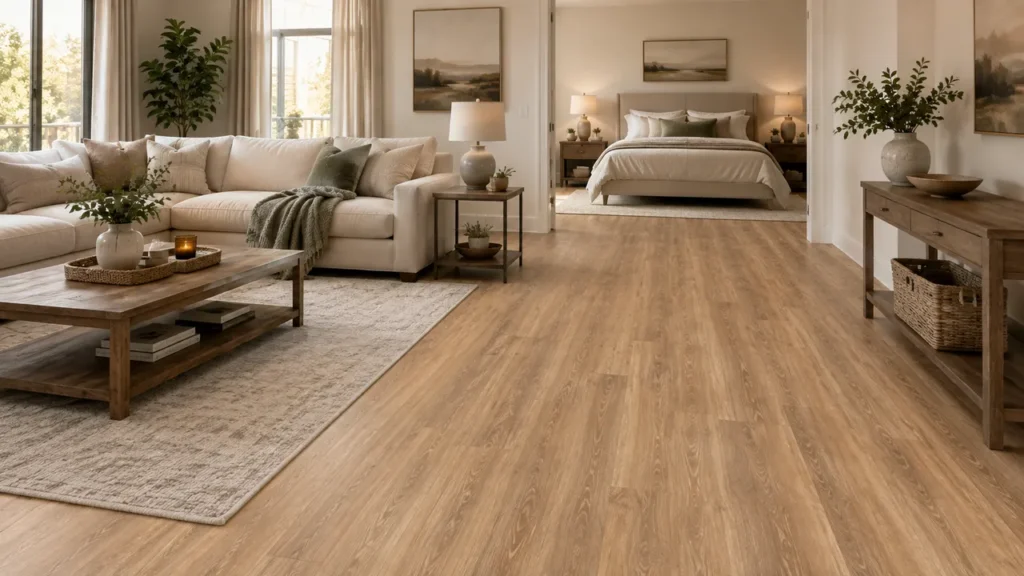 Comfortable living room and bedroom interior with warm wood-look LVT flooring
