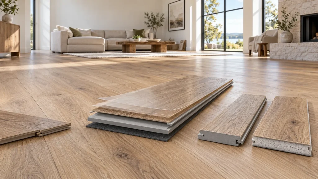 Luxury vinyl plank flooring in a modern living room with layered LVP plank cross-section showing wear layer, design layer, rigid core, and backing