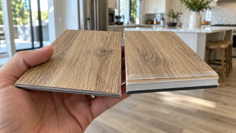 Two oak-look LVT flooring samples compared side by side, one cut to show its layers