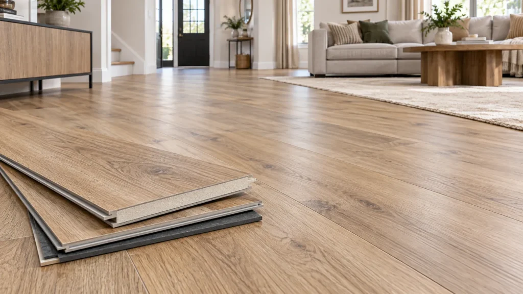 WPC vinyl flooring with warm oak wood-look planks in a modern living room, with thicker rigid-core plank layers visible in the foreground.