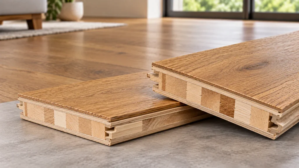 Finger-core engineered hardwood flooring planks with a natural oak wear layer, joined solid wood block core, and thin balancing wood veneer.