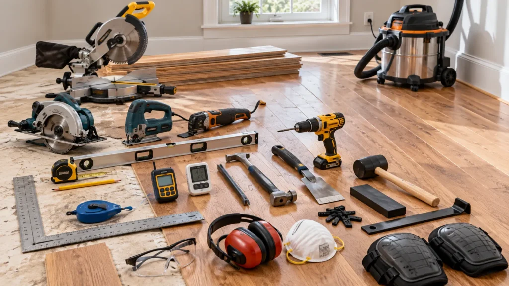 Tools and materials for installing hardwood flooring, including saws, moisture meter, drill, mallet, spacers, and safety equipment