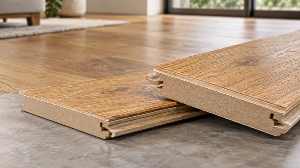 HDF-core engineered hardwood flooring planks with a natural oak wear layer, dense fiberboard core, and precision click-lock edge profile.