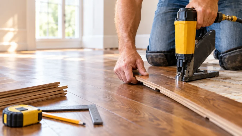 Installing hardwood flooring with a flooring nailer in a residential room