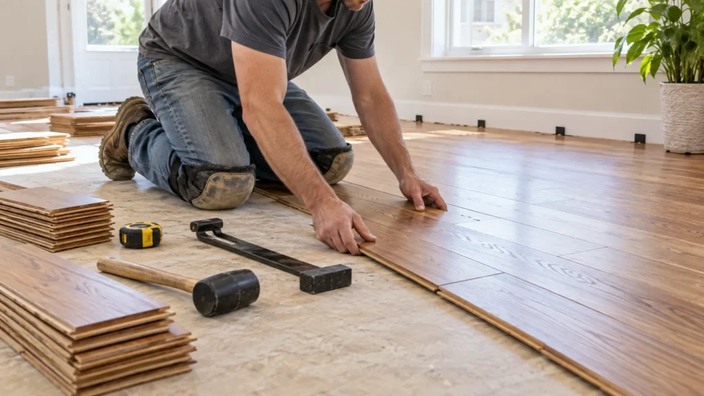 DIY homeowner installing hardwood flooring planks over a prepared subfloor
