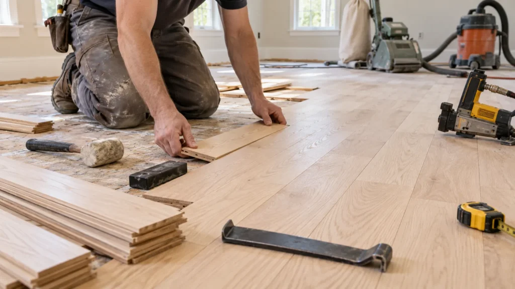 Installing unfinished hardwood flooring planks over a prepared subfloor before sanding and finishing