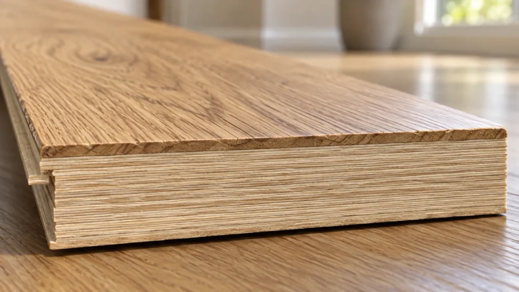 LVL-core engineered hardwood flooring plank with a natural oak wear layer, thick parallel laminated veneer lumber core, and thin balancing veneer.