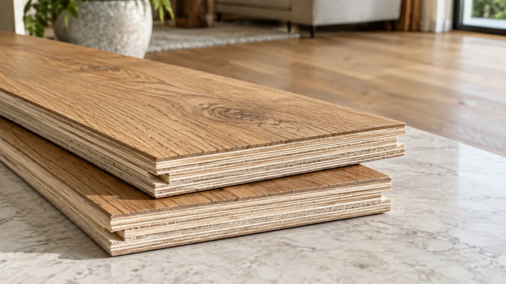 Plywood-core engineered hardwood flooring planks with a natural oak wear layer and multiple layered plywood core sections.