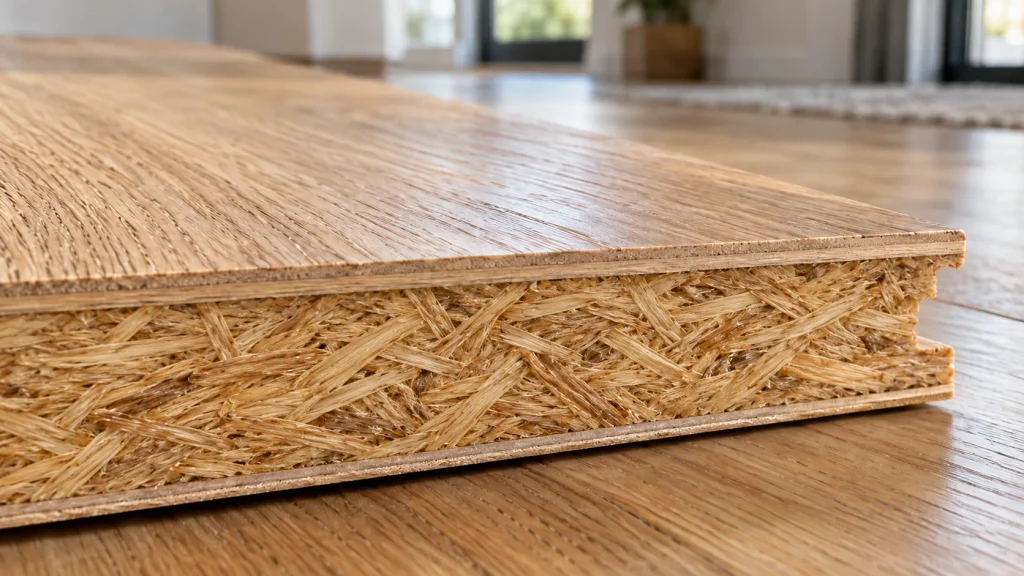 Strand-woven bamboo-core engineered hardwood flooring with a natural oak wear layer and dense compressed bamboo fiber core.