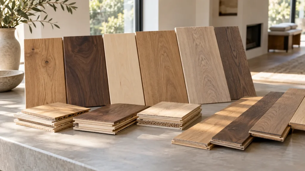 Engineered hardwood flooring samples in oak, walnut, maple, and light wood tones with visible cross-sections showing the real wood wear layer and layered core in a modern interior setting.
